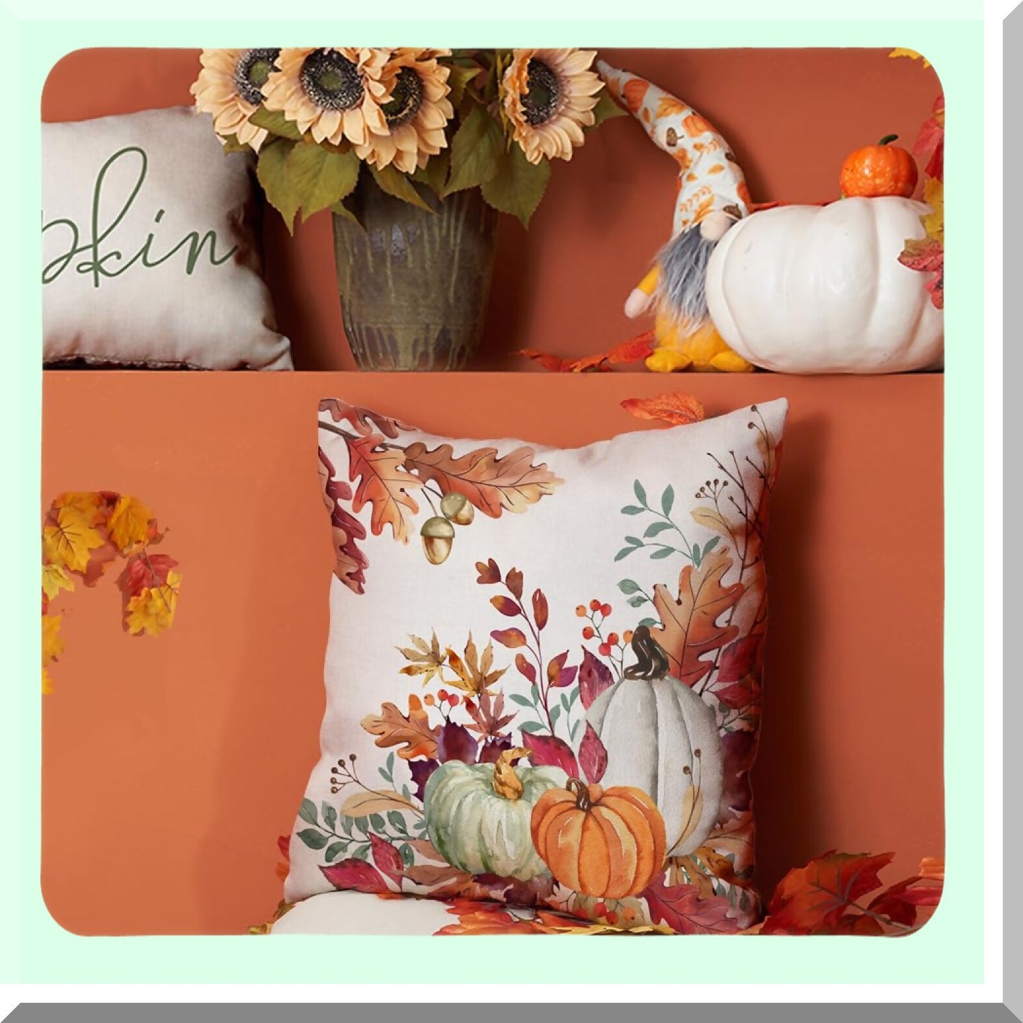 Autumn Harvest Pillow Covers Set - 18x18 Inch Orange White Pumpkin & Fallen Leaves Decorative Throw Pillow Covers for Fall Thanksgiving Farmhouse Decor