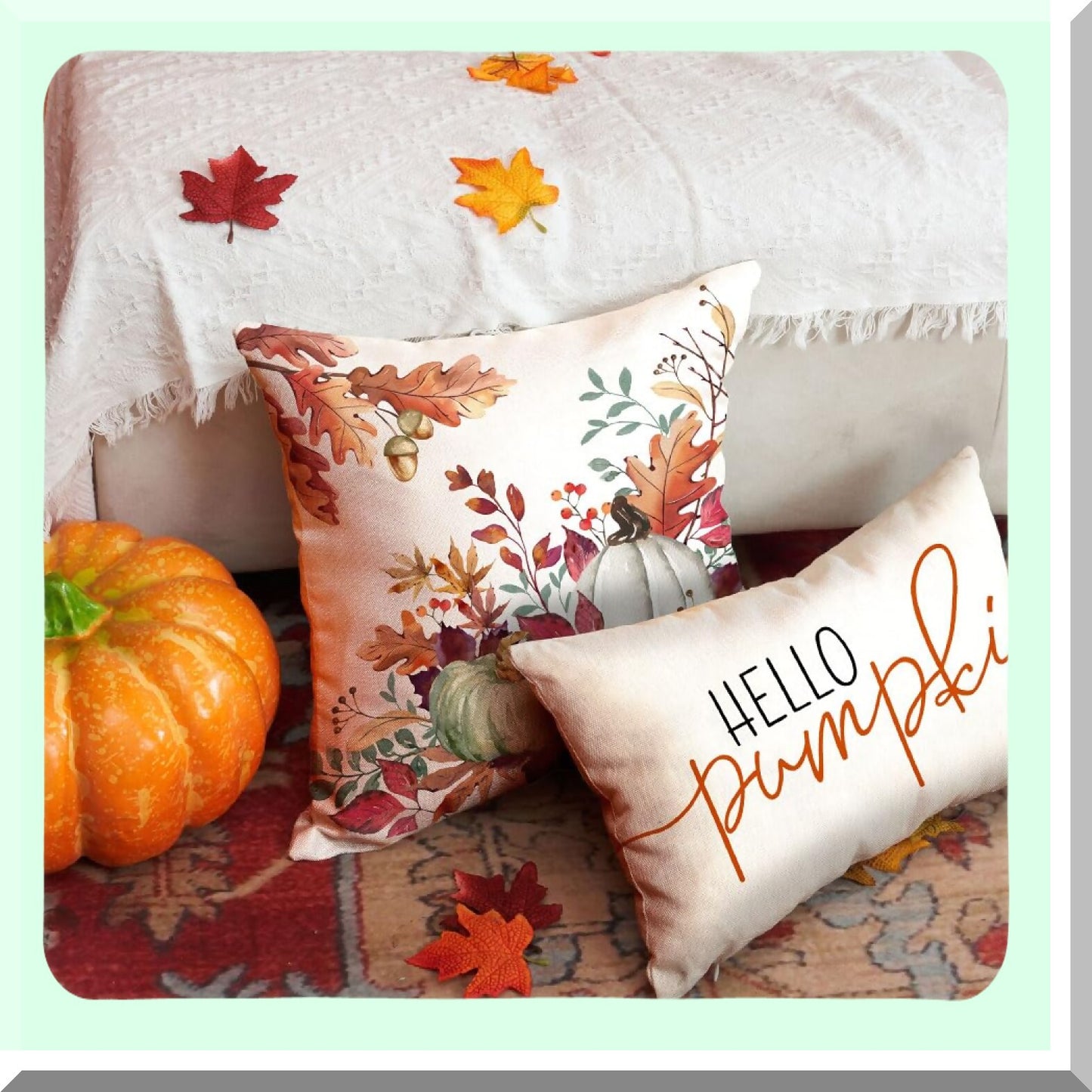 Autumn Harvest Pillow Covers Set - 18x18 Inch Orange White Pumpkin & Fallen Leaves Decorative Throw Pillow Covers for Fall Thanksgiving Farmhouse Decor