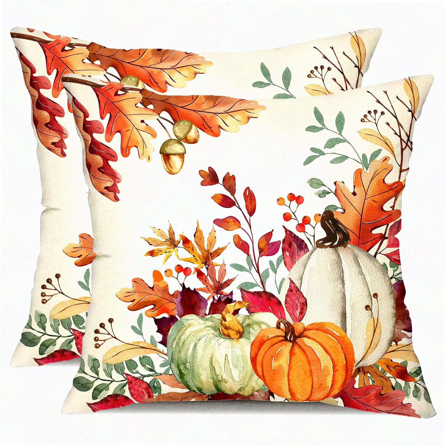 Autumn Harvest Pillow Covers Set - 18x18 Inch Orange White Pumpkin & Fallen Leaves Decorative Throw Pillow Covers for Fall Thanksgiving Farmhouse Decor