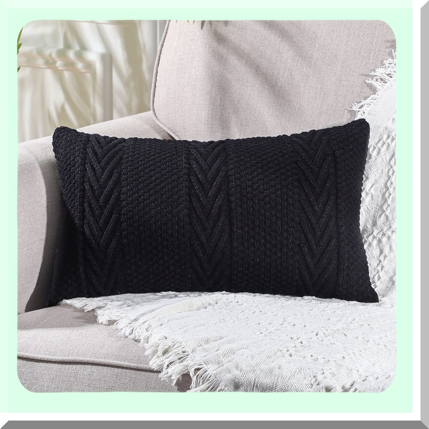 Luxury Knitted Cotton Lumbar Pillow Covers - Soft Cozy Outdoor Cushion Cases for Couch Sofa Bed - Modern Decorative Pillowcases - 12x20 Inches Black