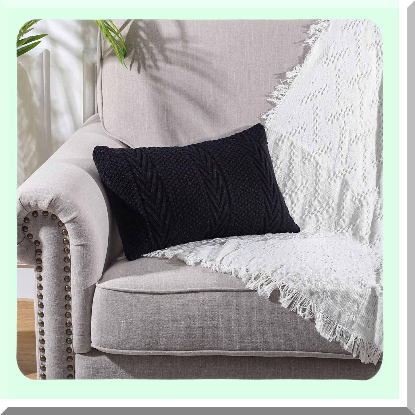 Luxury Knitted Cotton Lumbar Pillow Covers - Soft Cozy Outdoor Cushion Cases for Couch Sofa Bed - Modern Decorative Pillowcases - 12x20 Inches Black