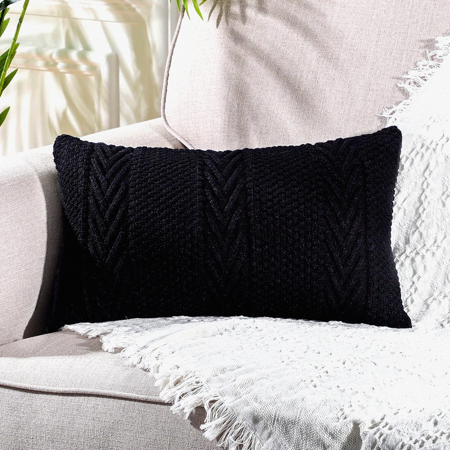 Luxury Knitted Cotton Lumbar Pillow Covers - Soft Cozy Outdoor Cushion Cases for Couch Sofa Bed - Modern Decorative Pillowcases - 12x20 Inches Black