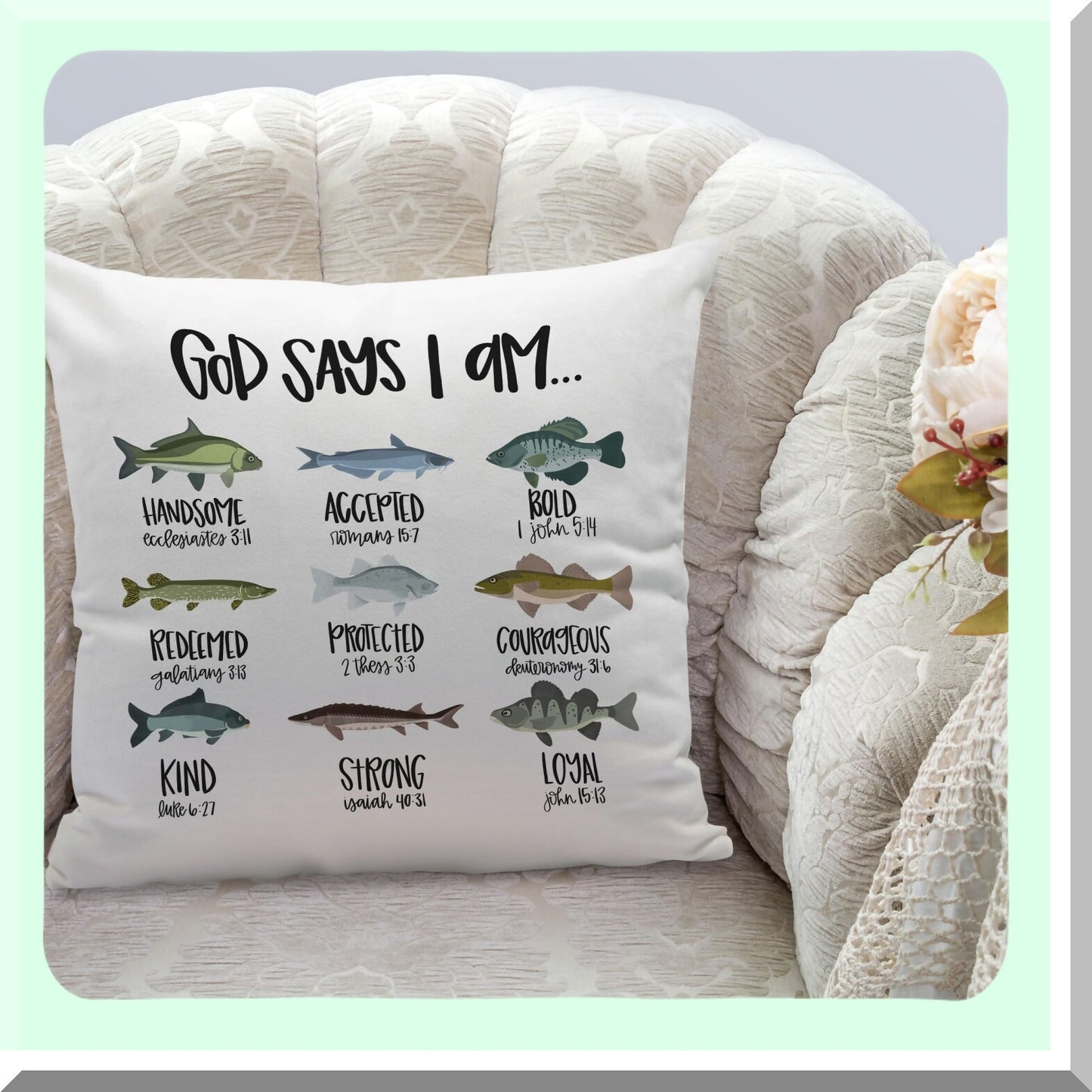 Bible Verse Fishing Throw Pillow Cover - Inspirational Christian Decor for Kids Room & Nursery - Gifts for Boys, Girls, Women, Teens - 18x18 Inches
