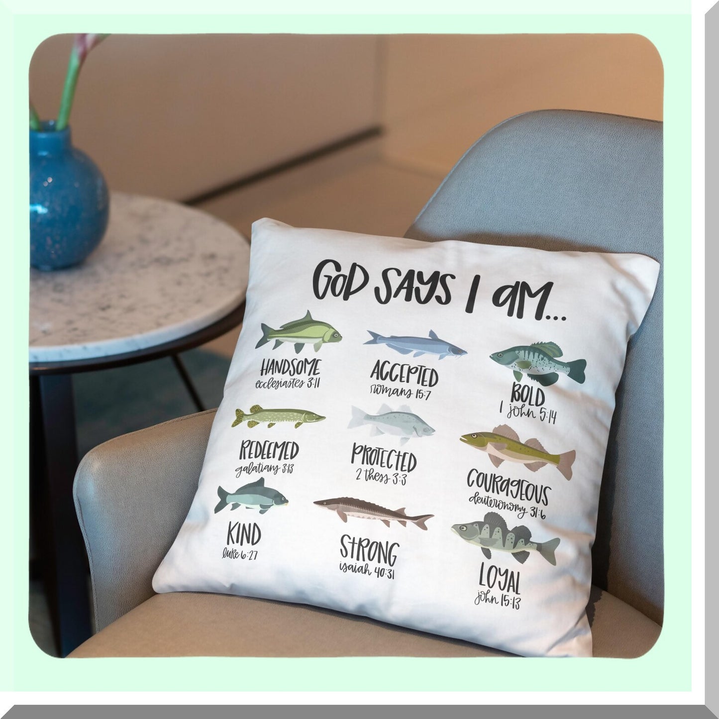 Bible Verse Fishing Throw Pillow Cover - Inspirational Christian Decor for Kids Room & Nursery - Gifts for Boys, Girls, Women, Teens - 18x18 Inches