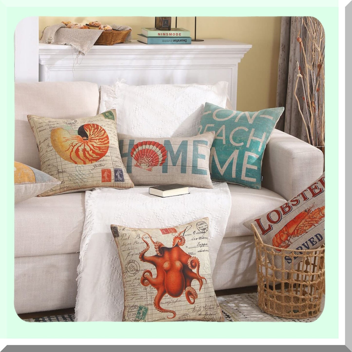 Retro Coastal Seashell Pillowcase - Nautical Linen Cushion Cover for Couch Sofa - 20x12 Inch Rectangular Throw Pillow Cover PL1026TR