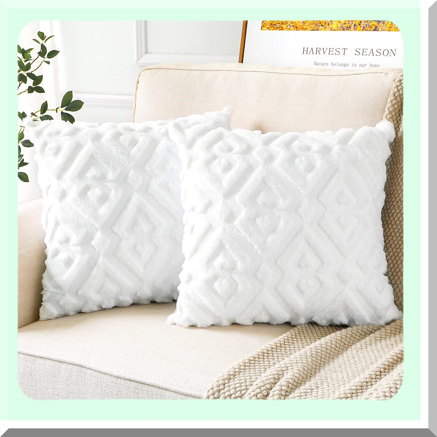 Luxury Plush Velvet Diamond Throw Pillow Covers - Set of 2 | European Style Cushion Covers for Sofa & Bedroom | Soft Short Wool Shell in Pure White - 28x28"