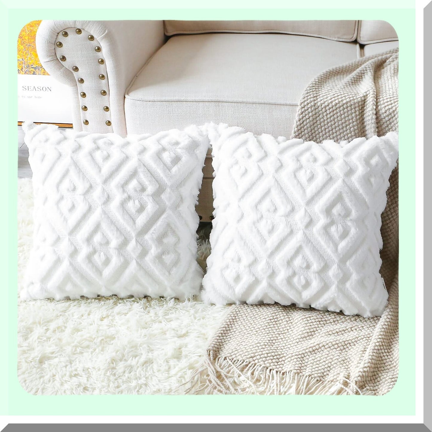 Luxury Plush Velvet Diamond Throw Pillow Covers - Set of 2 | European Style Cushion Covers for Sofa & Bedroom | Soft Short Wool Shell in Pure White - 28x28"
