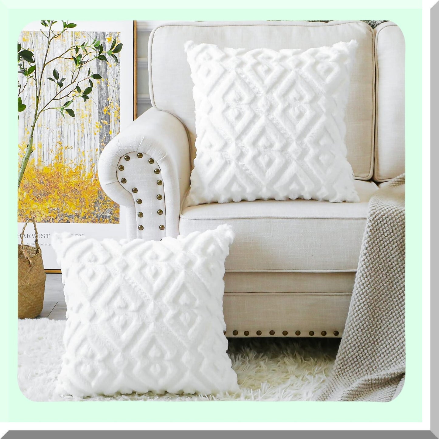 Luxury Plush Velvet Diamond Throw Pillow Covers - Set of 2 | European Style Cushion Covers for Sofa & Bedroom | Soft Short Wool Shell in Pure White - 28x28"