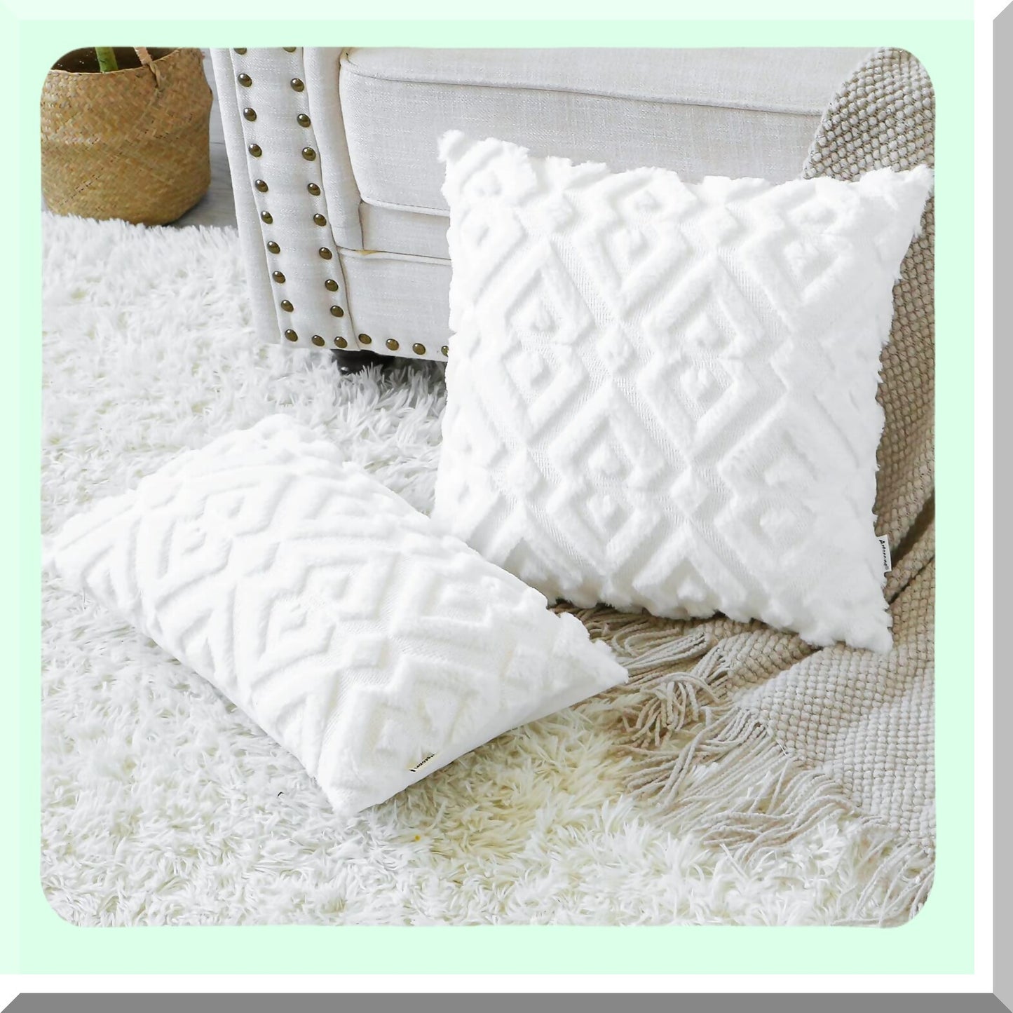 Luxury Plush Velvet Diamond Throw Pillow Covers - Set of 2 | European Style Cushion Covers for Sofa & Bedroom | Soft Short Wool Shell in Pure White - 28x28"
