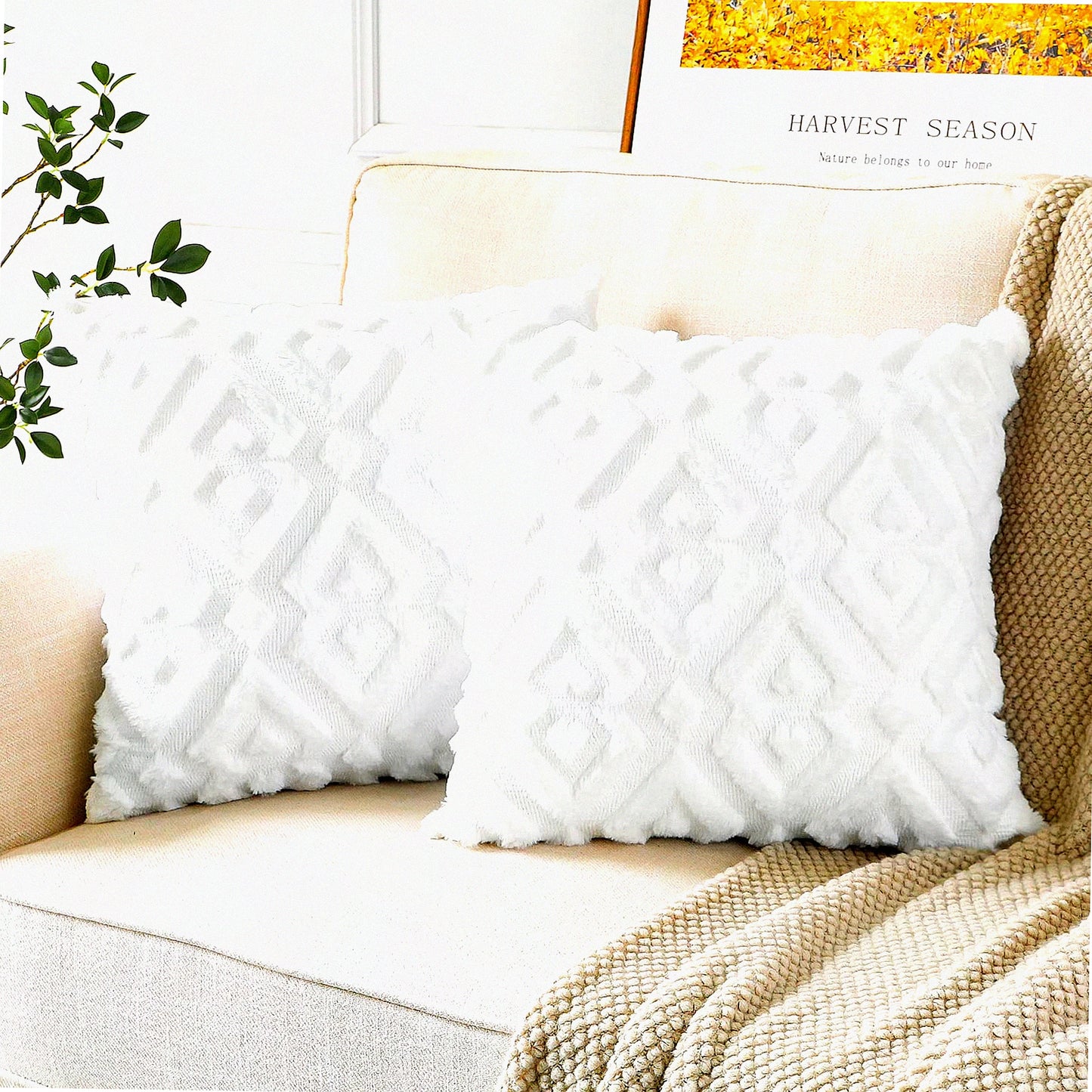 Luxury Plush Velvet Diamond Throw Pillow Covers - Set of 2 | European Style Cushion Covers for Sofa & Bedroom | Soft Short Wool Shell in Pure White - 28x28"