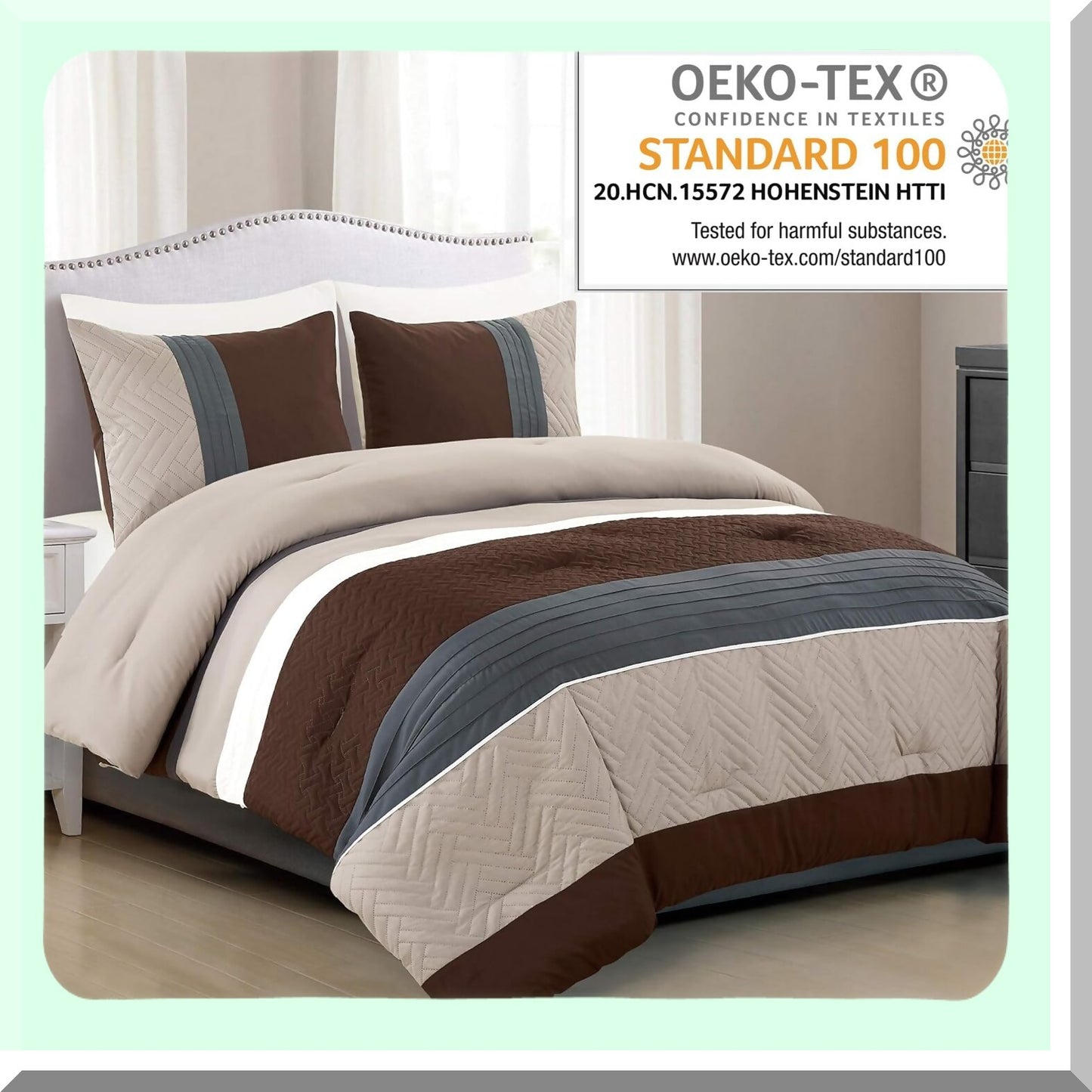Luxury Dream Queen Comforter Set - Modern Design, Multicolor Grey/Coffee Brown/Beige Taupe, All Season Down Alternative Bedding Decor - Leni Queen Collection