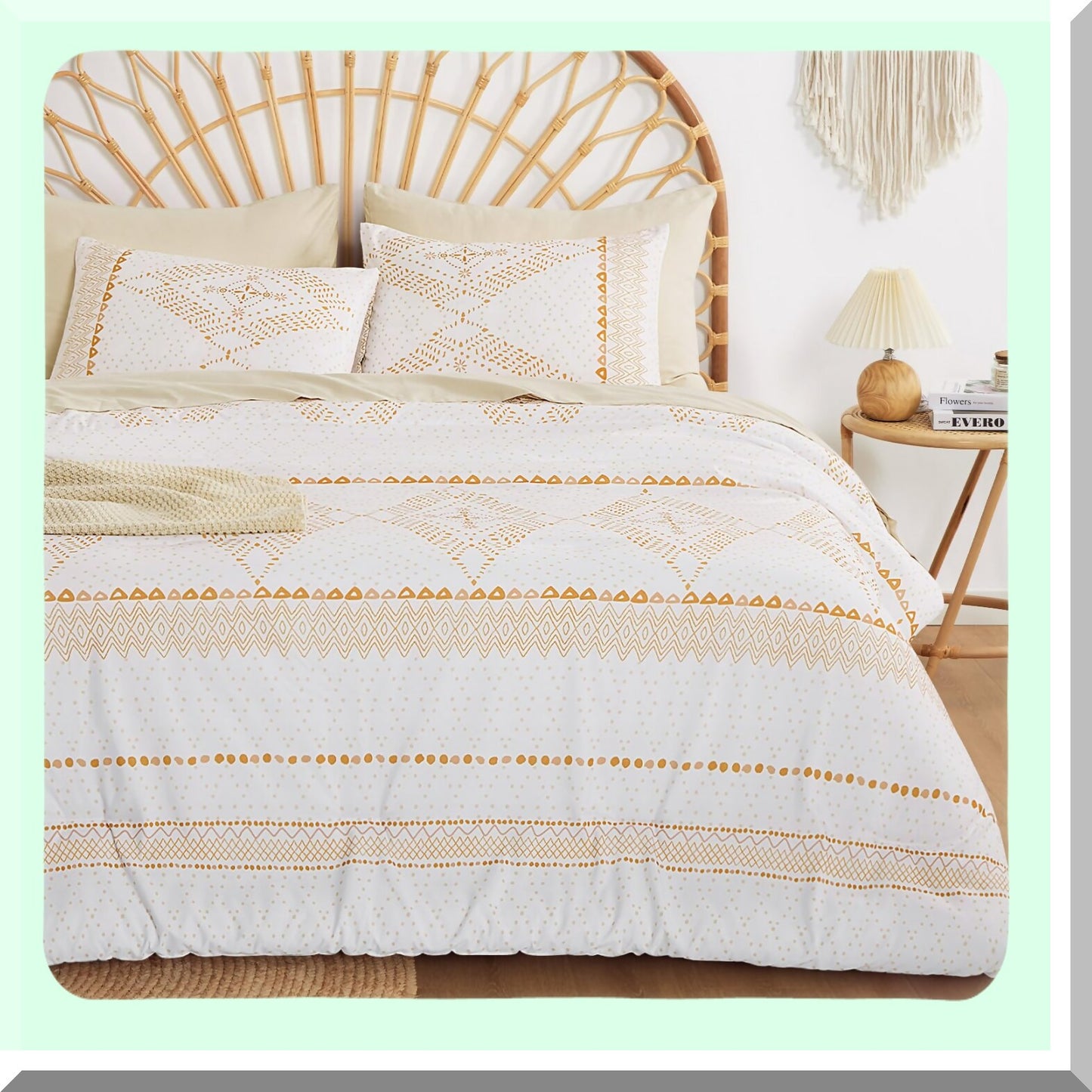 Diamond Boho Bliss 3-Piece Bedding Set - Orange Coral Bohemian Comforter - White Bohemian Decor - Queen Size - Cozy Bedroom Essentials