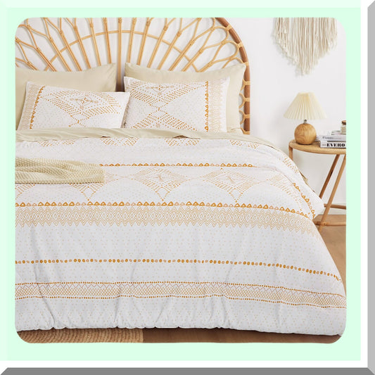 Diamond Boho Bliss 3-Piece Bedding Set - Orange Coral Bohemian Comforter - White Bohemian Decor - Queen Size - Cozy Bedroom Essentials