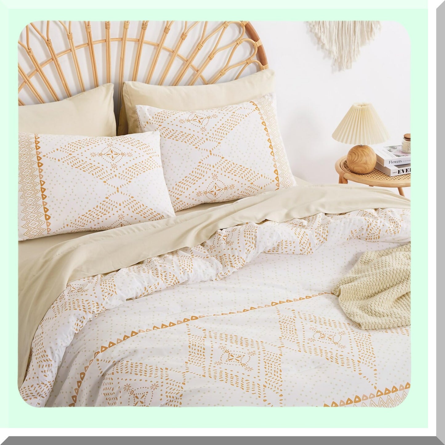 Diamond Boho Bliss 3-Piece Bedding Set - Orange Coral Bohemian Comforter - White Bohemian Decor - Queen Size - Cozy Bedroom Essentials