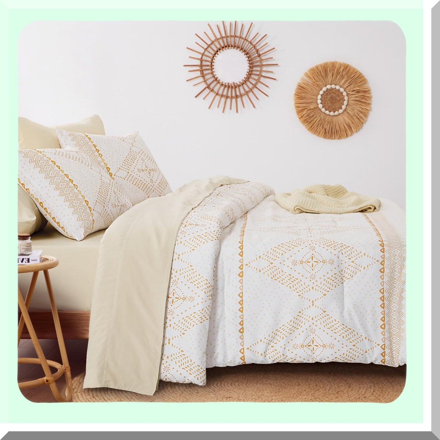 Diamond Boho Bliss 3-Piece Bedding Set - Orange Coral Bohemian Comforter - White Bohemian Decor - Queen Size - Cozy Bedroom Essentials