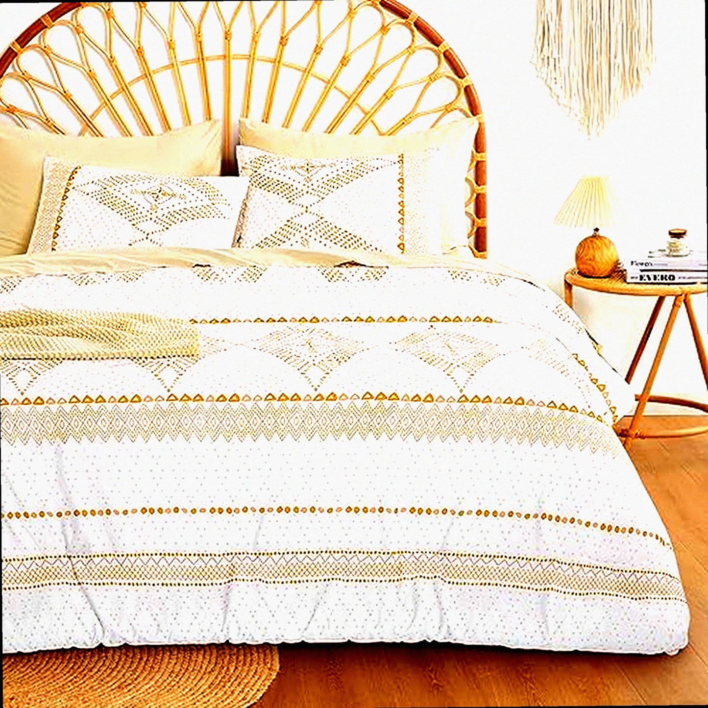 Diamond Boho Bliss 3-Piece Bedding Set - Orange Coral Bohemian Comforter - White Bohemian Decor - Queen Size - Cozy Bedroom Essentials
