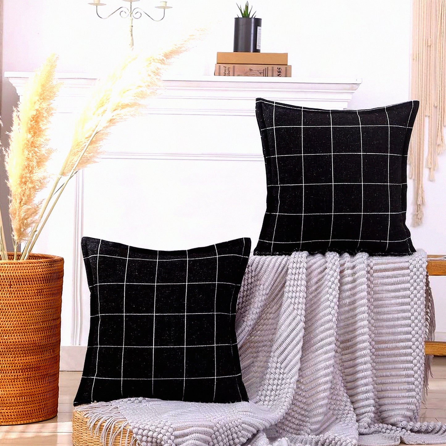 Monochrome Farmhouse Plaid Pillow Covers - Set of 2, Buffalo Checkered Decorative Cushion Cases - 24x24 Inch, Boho Black Couch Accent Pillows