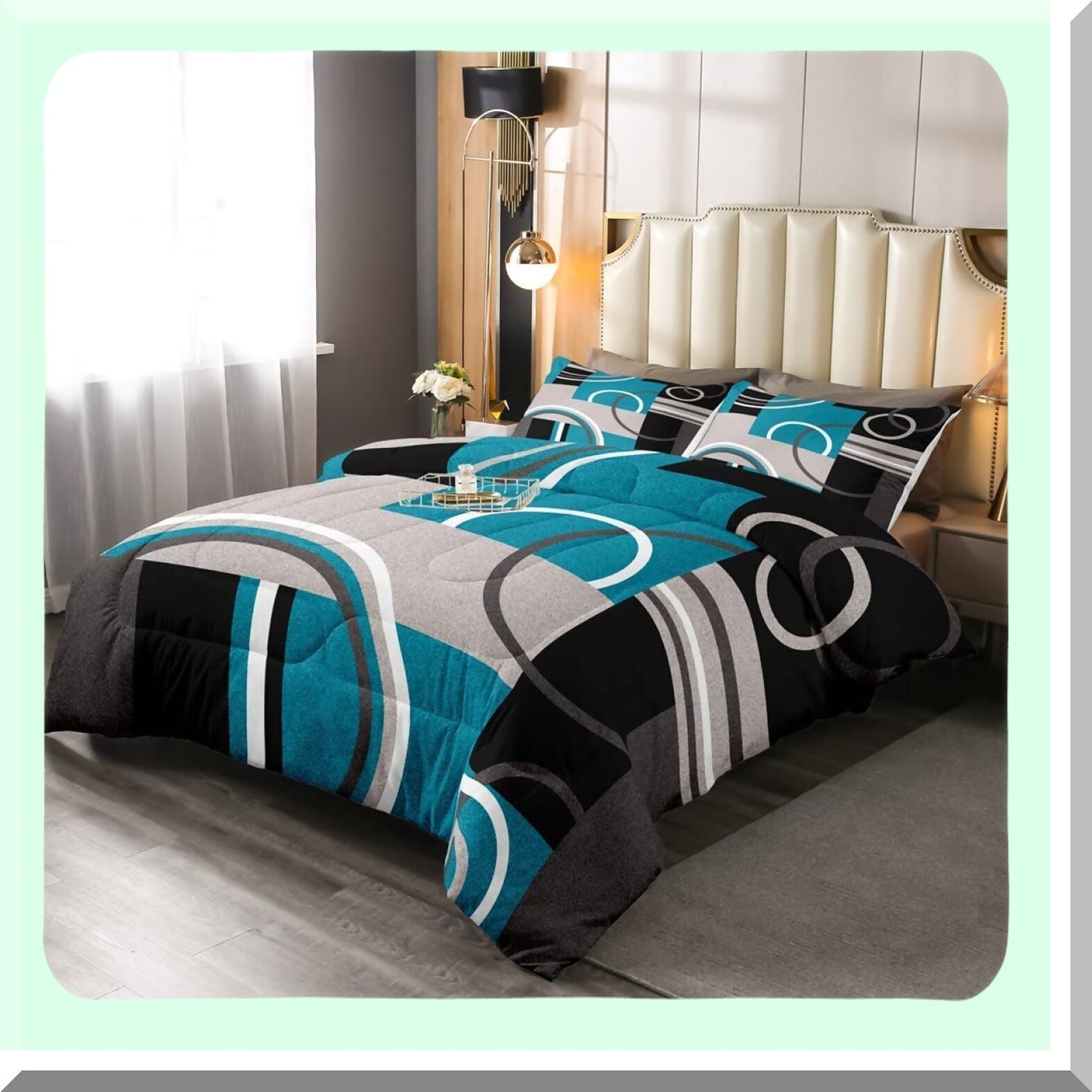 Turquoise Stripe Geometric Comforter Set - Retro Circle Swirls Bedding - Abstract Texture Duvet - Modern Art Down Comforter - Gray Black Blue Size
