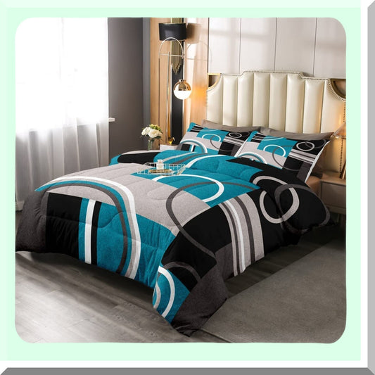Turquoise Stripe Geometric Comforter Set - Retro Circle Swirls Bedding - Abstract Texture Duvet - Modern Art Down Comforter - Gray Black Blue Size