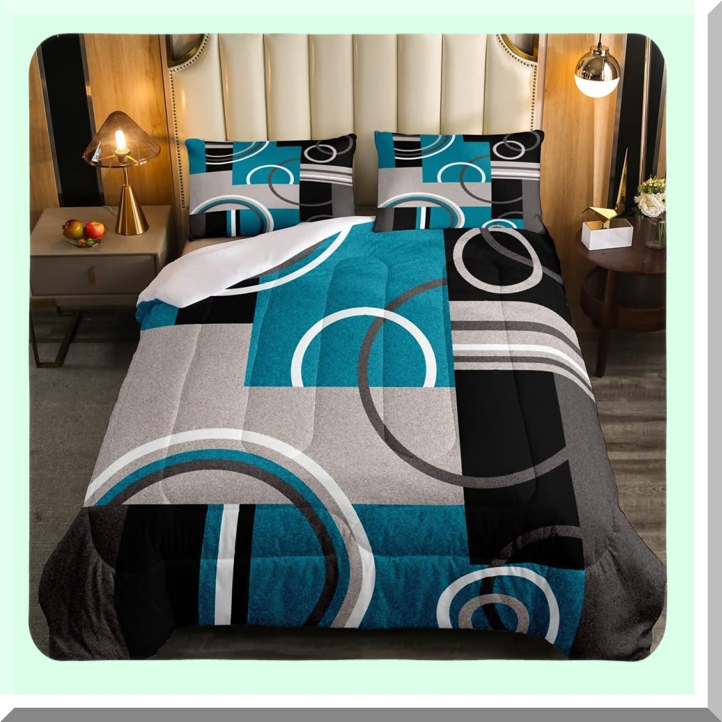 Turquoise Stripe Geometric Comforter Set - Retro Circle Swirls Bedding - Abstract Texture Duvet - Modern Art Down Comforter - Gray Black Blue Size