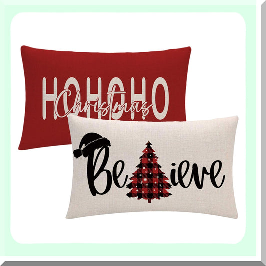 Buffalo Check Tree Farmhouse Pillow Cover - Winter Holiday Decor 12x20 - Merry Believe Cushion Cover - 2Pack Red Rectangular Pillowcases