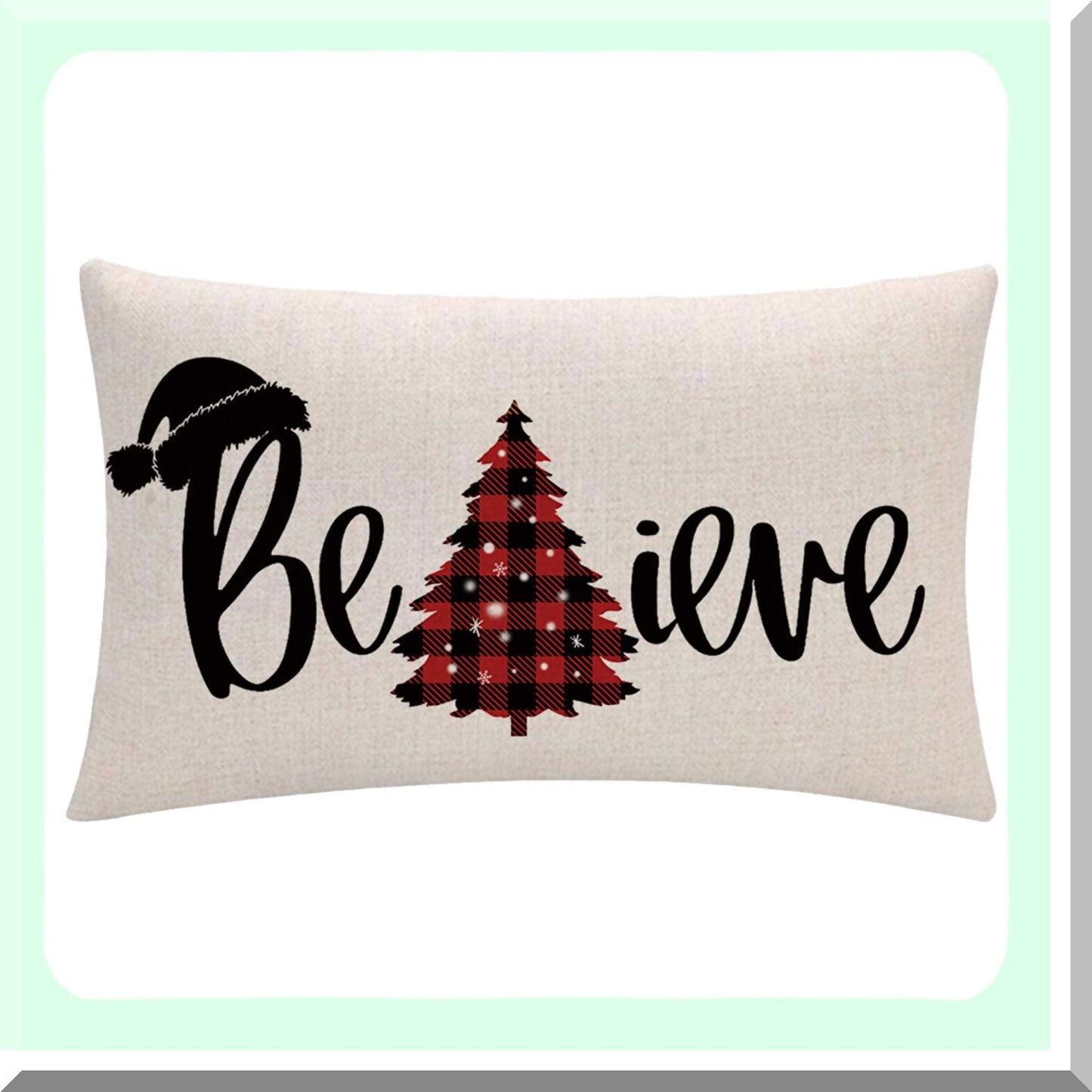 Buffalo Check Tree Farmhouse Pillow Cover - Winter Holiday Decor 12x20 - Merry Believe Cushion Cover - 2Pack Red Rectangular Pillowcases