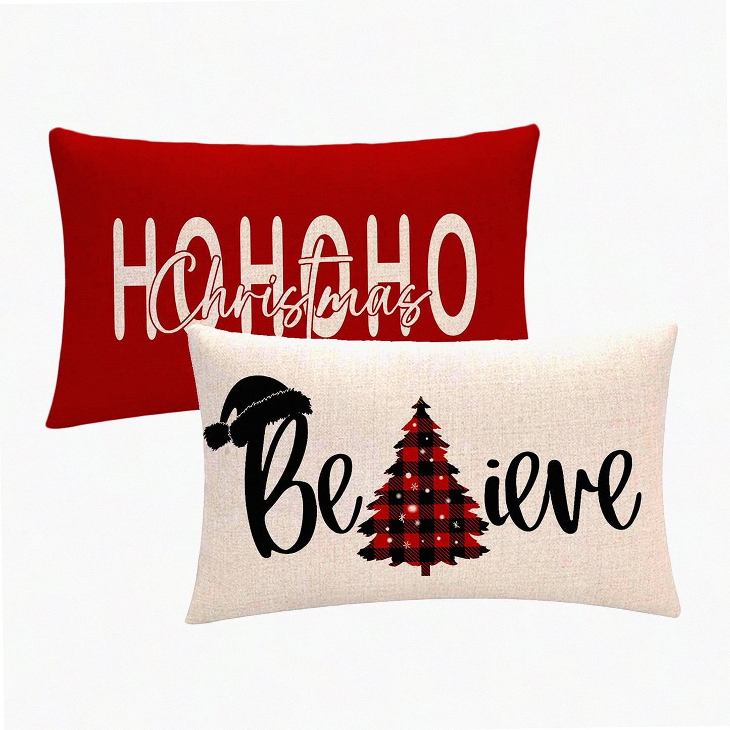Buffalo Check Tree Farmhouse Pillow Cover - Winter Holiday Decor 12x20 - Merry Believe Cushion Cover - 2Pack Red Rectangular Pillowcases
