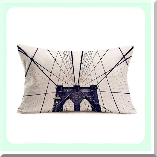 Vintage Cityscape Urban Decor Throw Pillow Cover - Brooklyn Bridge NYC Artwork - Home Cushion Case - Cotton Linen - 12" x 20" - USA Design AFG24