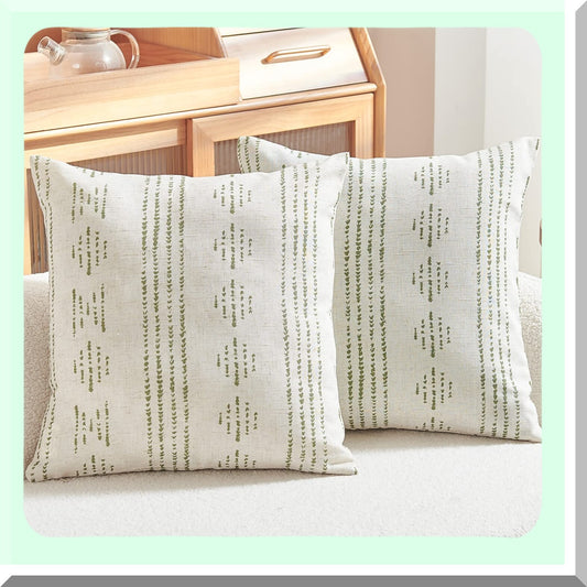 Geometric Farmhouse Linen Pillow Covers - Boho Striped Mudcloth Pattern Cushion Cases - Durable Textured Sofa Bed Living Room Decor - 18x18 Inch Green Pack of 2
