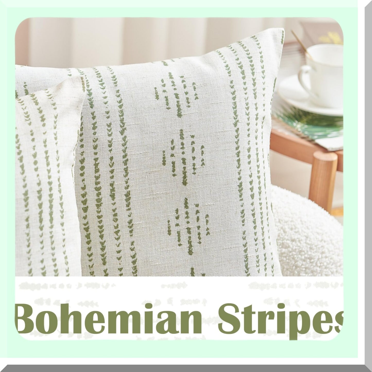 Geometric Farmhouse Linen Pillow Covers - Boho Striped Mudcloth Pattern Cushion Cases - Durable Textured Sofa Bed Living Room Decor - 18x18 Inch Green Pack of 2