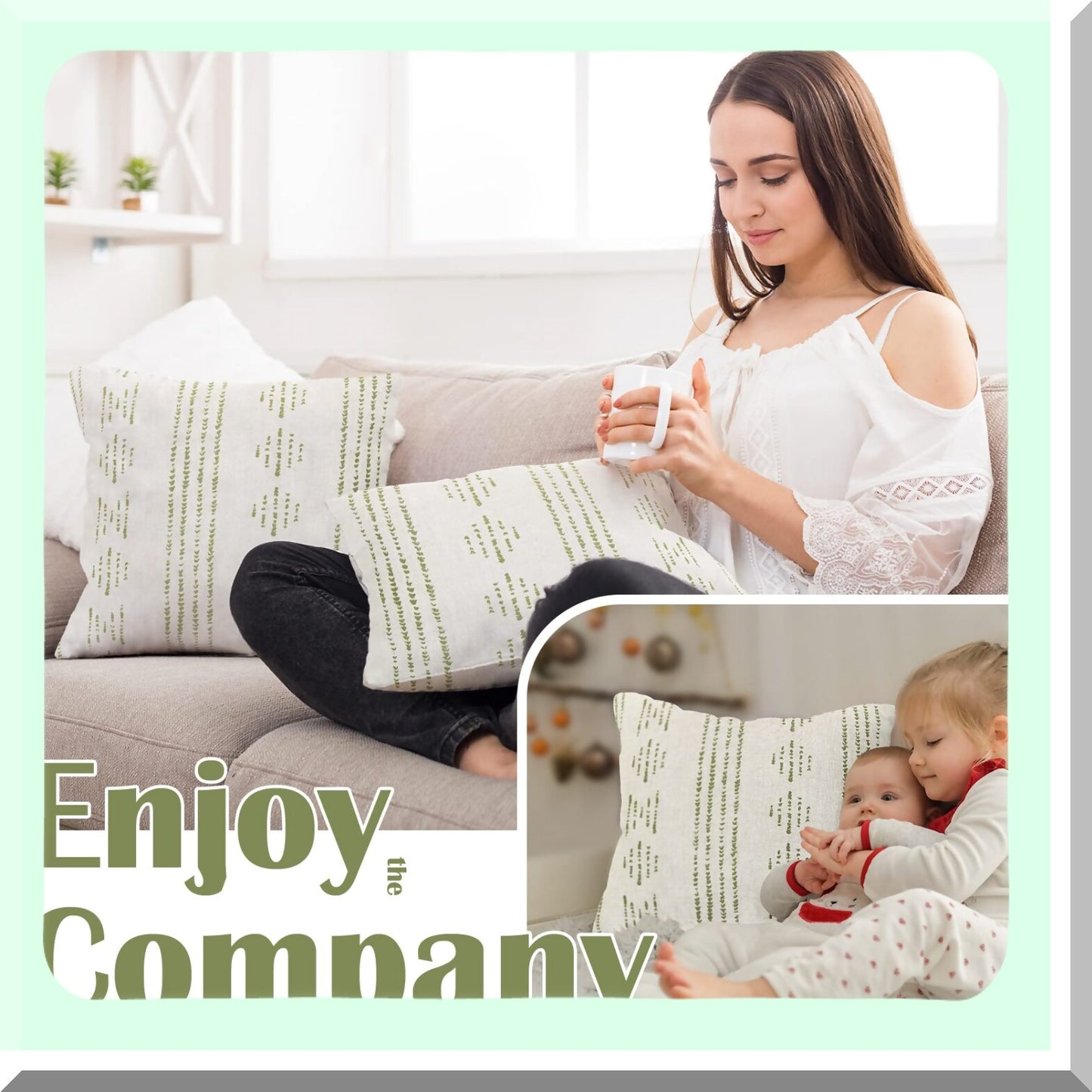 Geometric Farmhouse Linen Pillow Covers - Boho Striped Mudcloth Pattern Cushion Cases - Durable Textured Sofa Bed Living Room Decor - 18x18 Inch Green Pack of 2