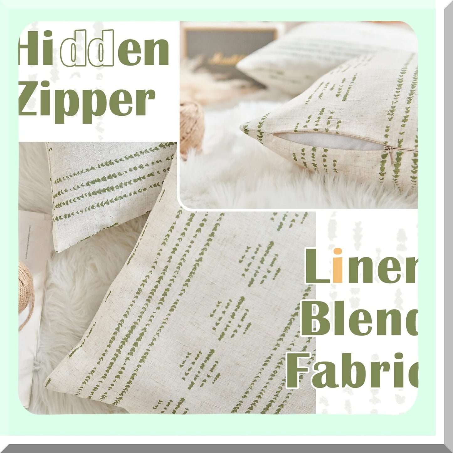 Geometric Farmhouse Linen Pillow Covers - Boho Striped Mudcloth Pattern Cushion Cases - Durable Textured Sofa Bed Living Room Decor - 18x18 Inch Green Pack of 2