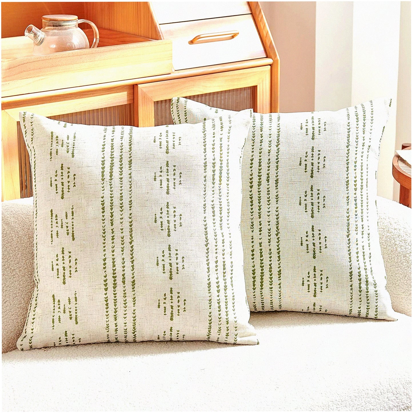 Geometric Farmhouse Linen Pillow Covers - Boho Striped Mudcloth Pattern Cushion Cases - Durable Textured Sofa Bed Living Room Decor - 18x18 Inch Green Pack of 2
