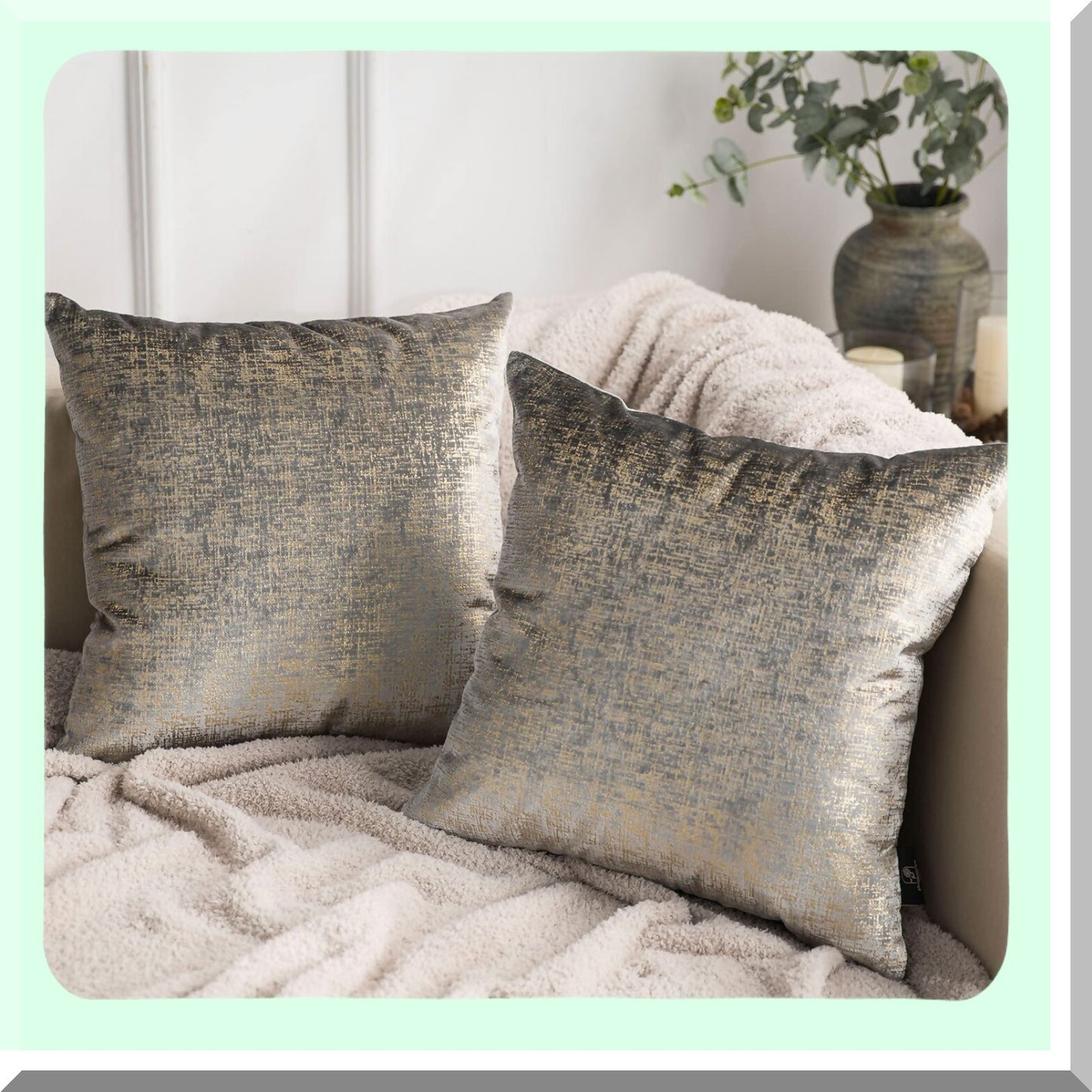 Gold Glitter Geometric Throw Pillow Cover Set - Sparkling Velvet Square Cushion Case for Couch, Bed, Chair - Decorative Grey Pillowcase 18x18"