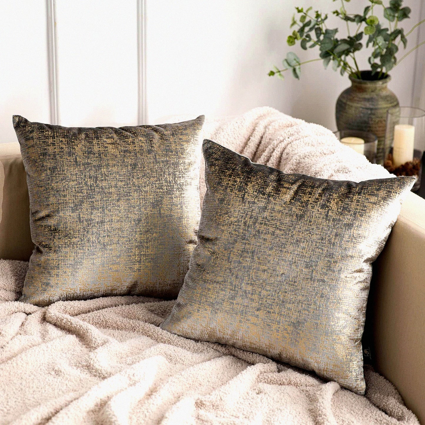 Gold Glitter Geometric Throw Pillow Cover Set - Sparkling Velvet Square Cushion Case for Couch, Bed, Chair - Decorative Grey Pillowcase 18x18"