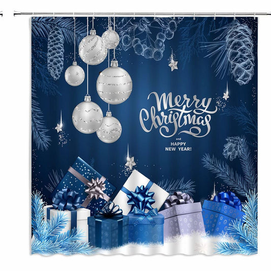 Blue Shower Curtain with Silvery Balls and Xmas Pine Tree Design 70x70 inches