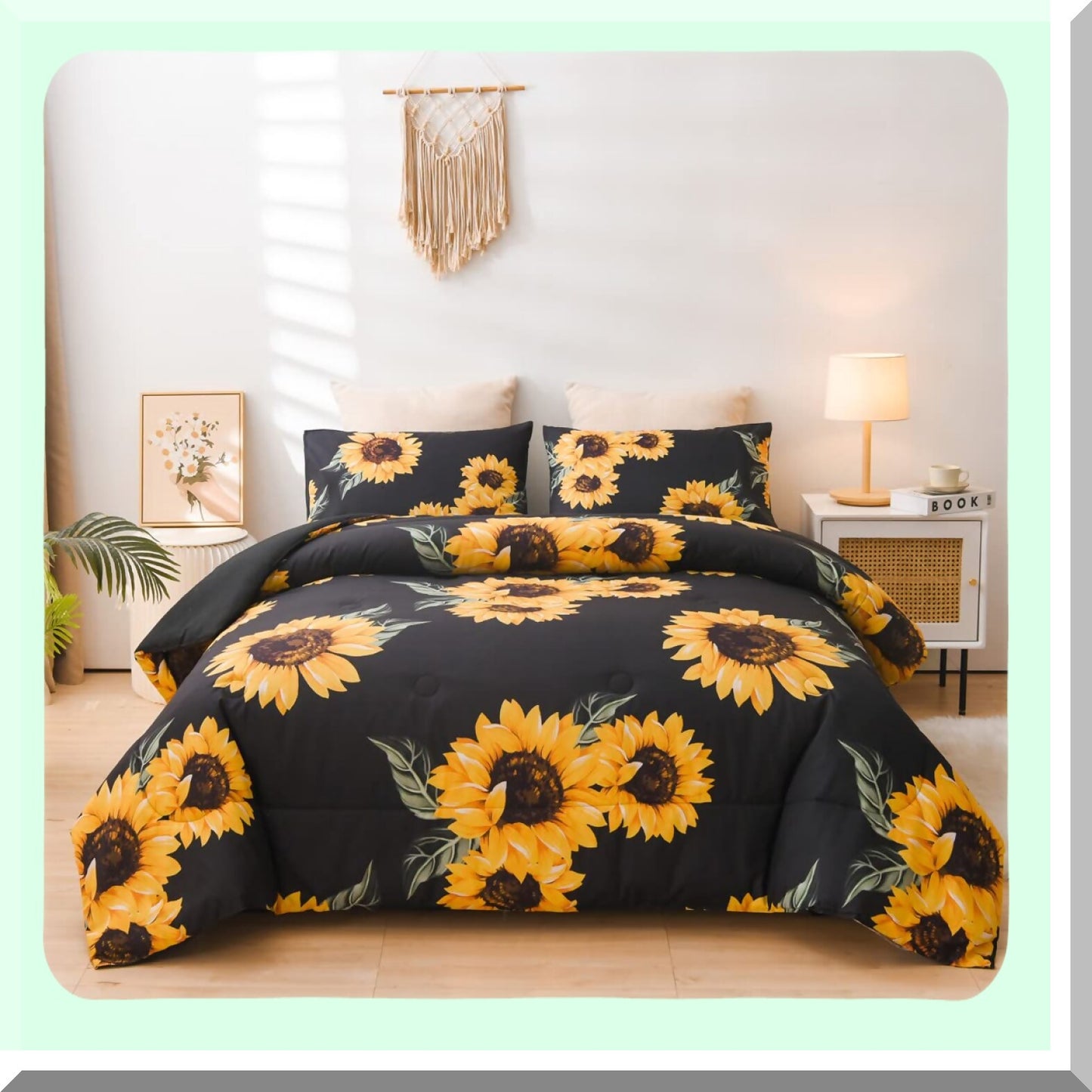 Sunflower Dreams Botanical Bedding Set - Black Sunflowers Comforter Set with Yellow Floral Microfiber Bedding for Adults - Twin Size 5 Piece Bed in A Bag