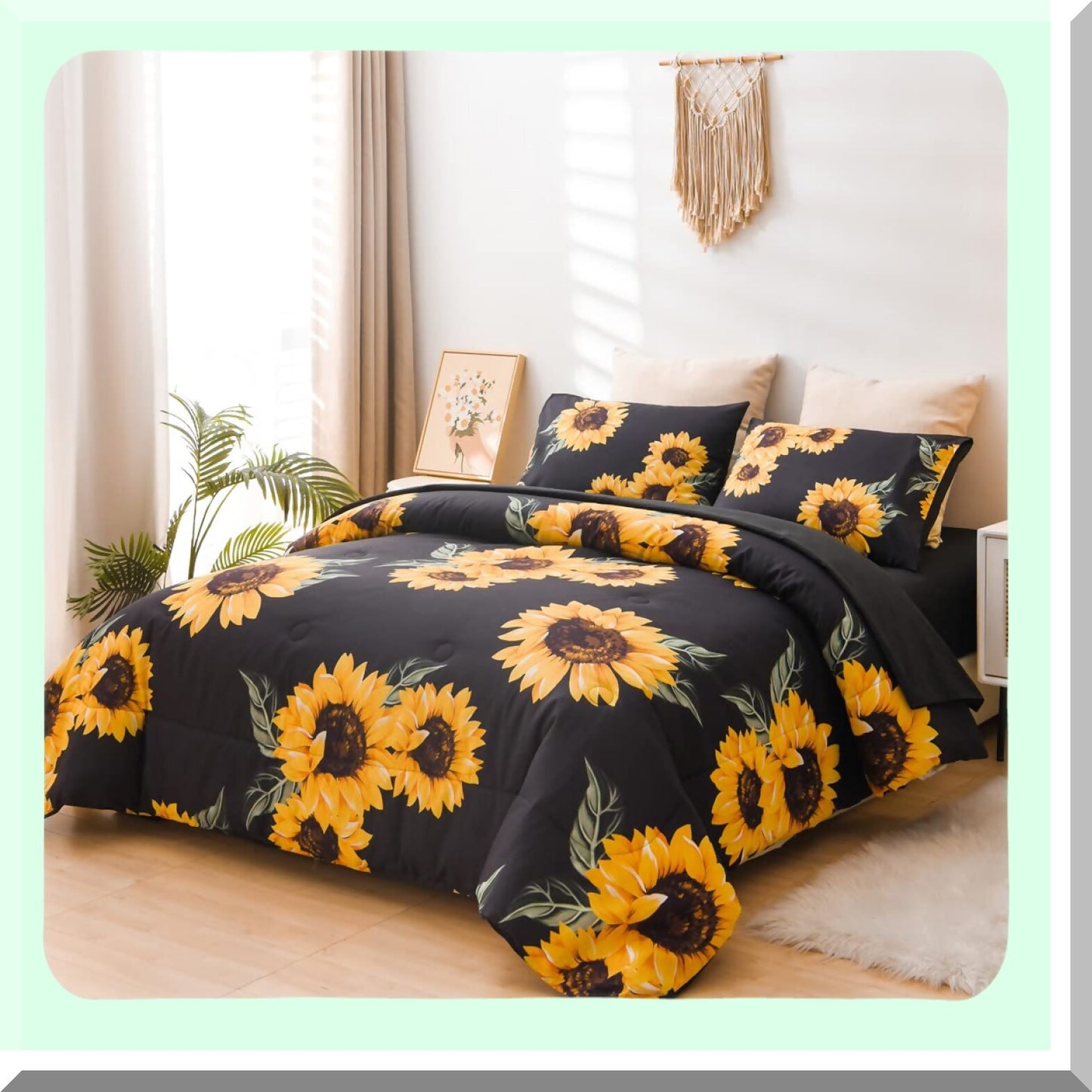 Sunflower Dreams Botanical Bedding Set - Black Sunflowers Comforter Set with Yellow Floral Microfiber Bedding for Adults - Twin Size 5 Piece Bed in A Bag