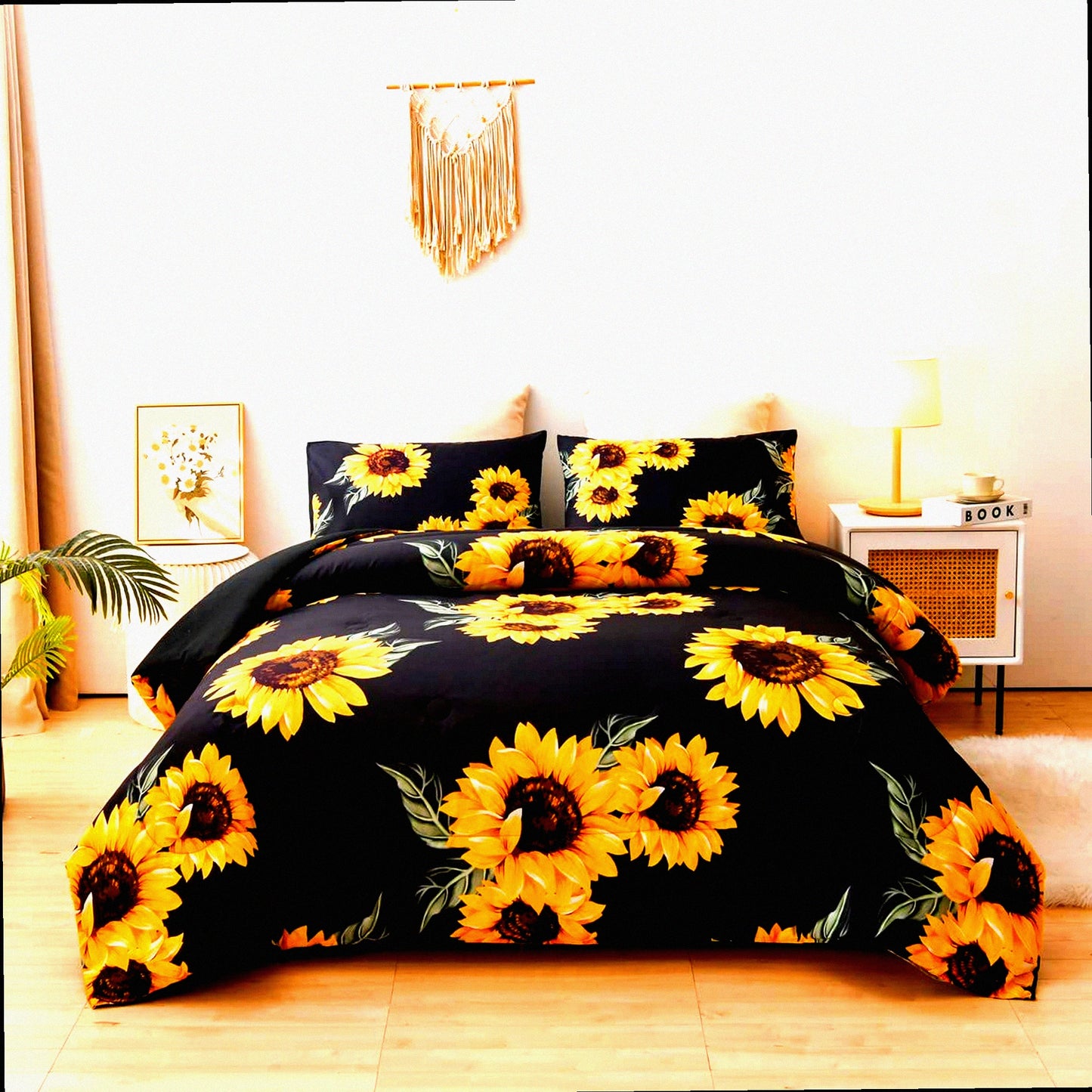 Sunflower Dreams Botanical Bedding Set - Black Sunflowers Comforter Set with Yellow Floral Microfiber Bedding for Adults - Twin Size 5 Piece Bed in A Bag