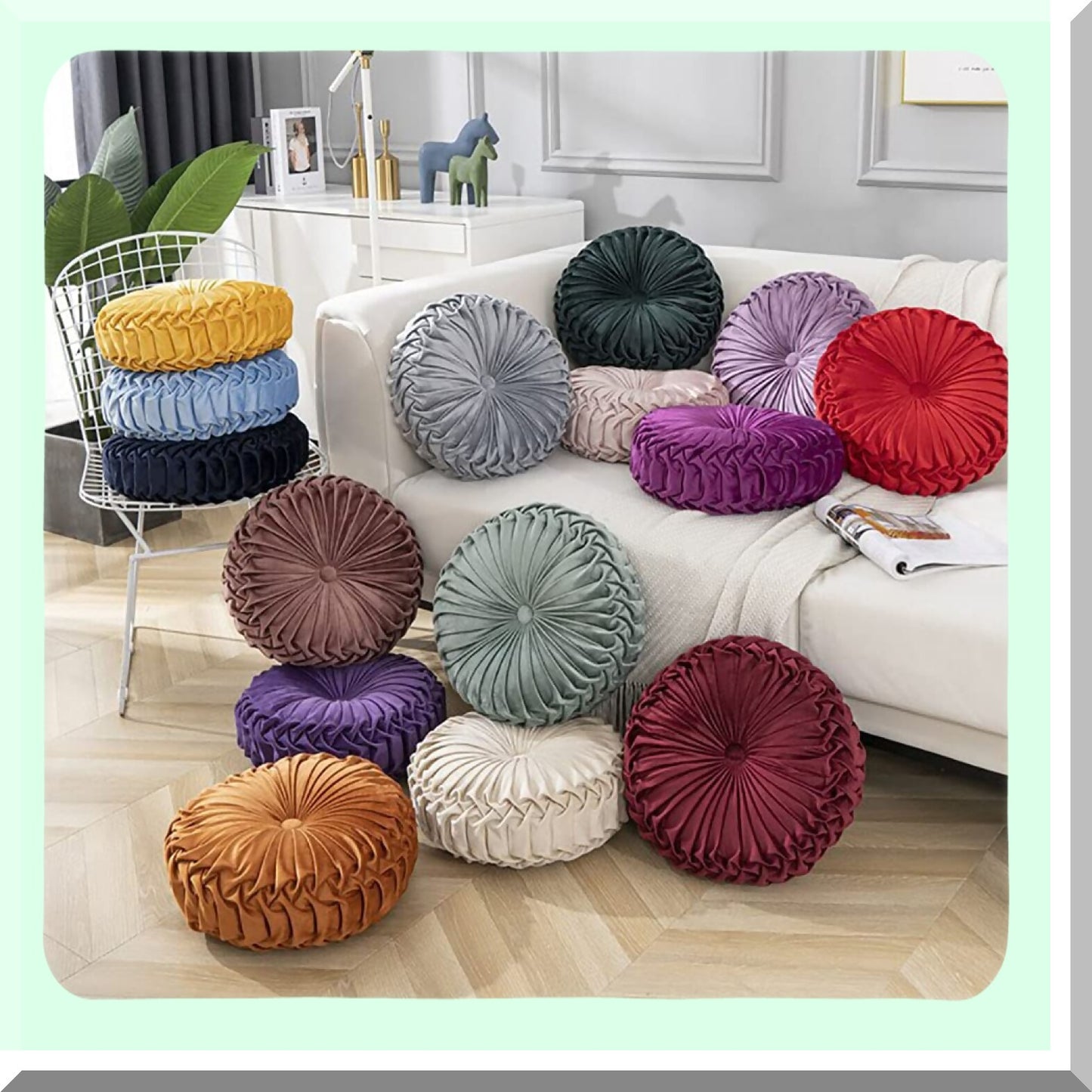 Burgundy Velvet Pleated Circle Floor Pillow - Luxe Round Chair Cushion for Home Decor - Plush Cushion for Couch, Bed, Car - Stylish Home Decoration