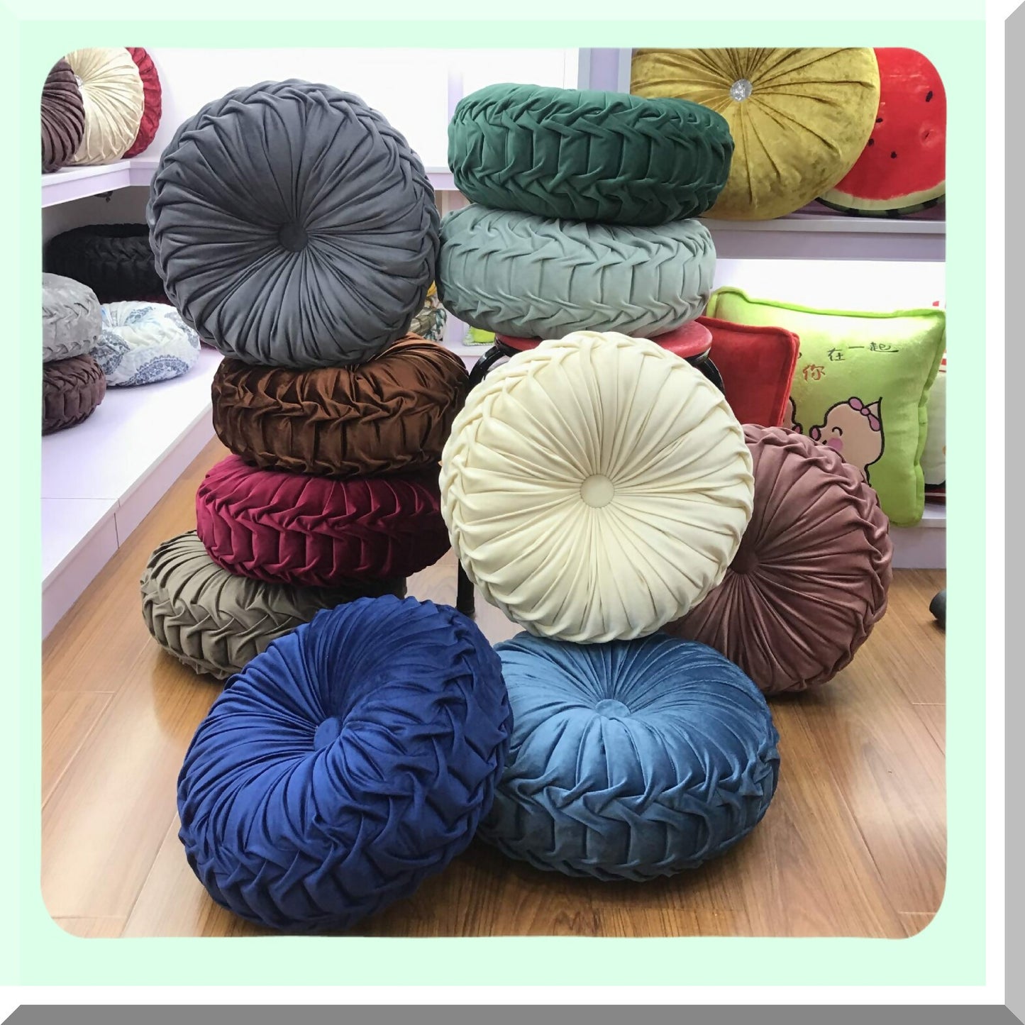 Burgundy Velvet Pleated Circle Floor Pillow - Luxe Round Chair Cushion for Home Decor - Plush Cushion for Couch, Bed, Car - Stylish Home Decoration