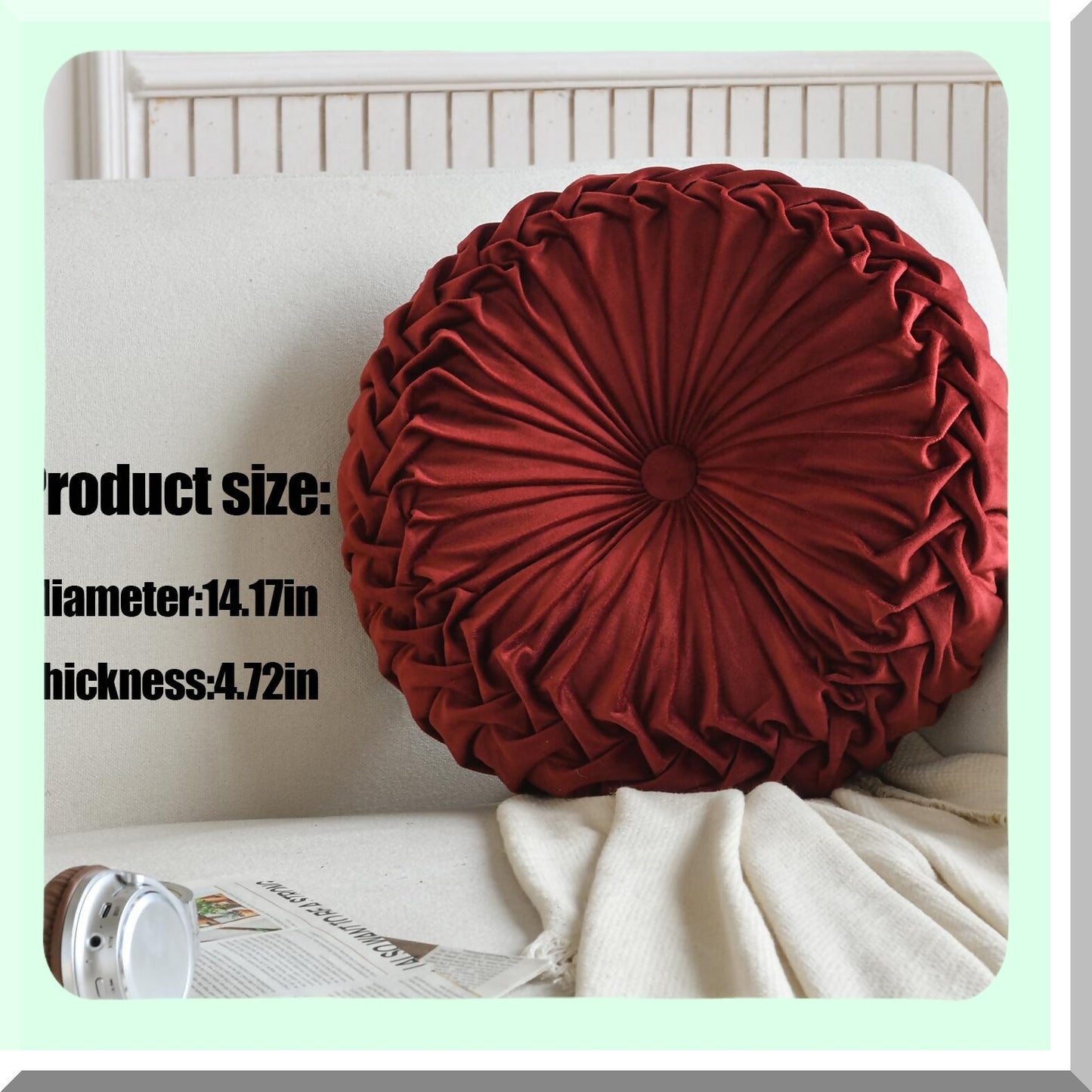 Burgundy Velvet Pleated Circle Floor Pillow - Luxe Round Chair Cushion for Home Decor - Plush Cushion for Couch, Bed, Car - Stylish Home Decoration