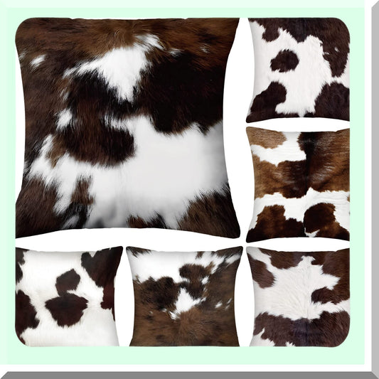 Cowhide Western Decor Pillow Covers - Set of 6 Hidden Zippered Cushion Covers for Couch Sofa Home Living Room - 18 x 18 Inch Cow Throw Pillow Covers