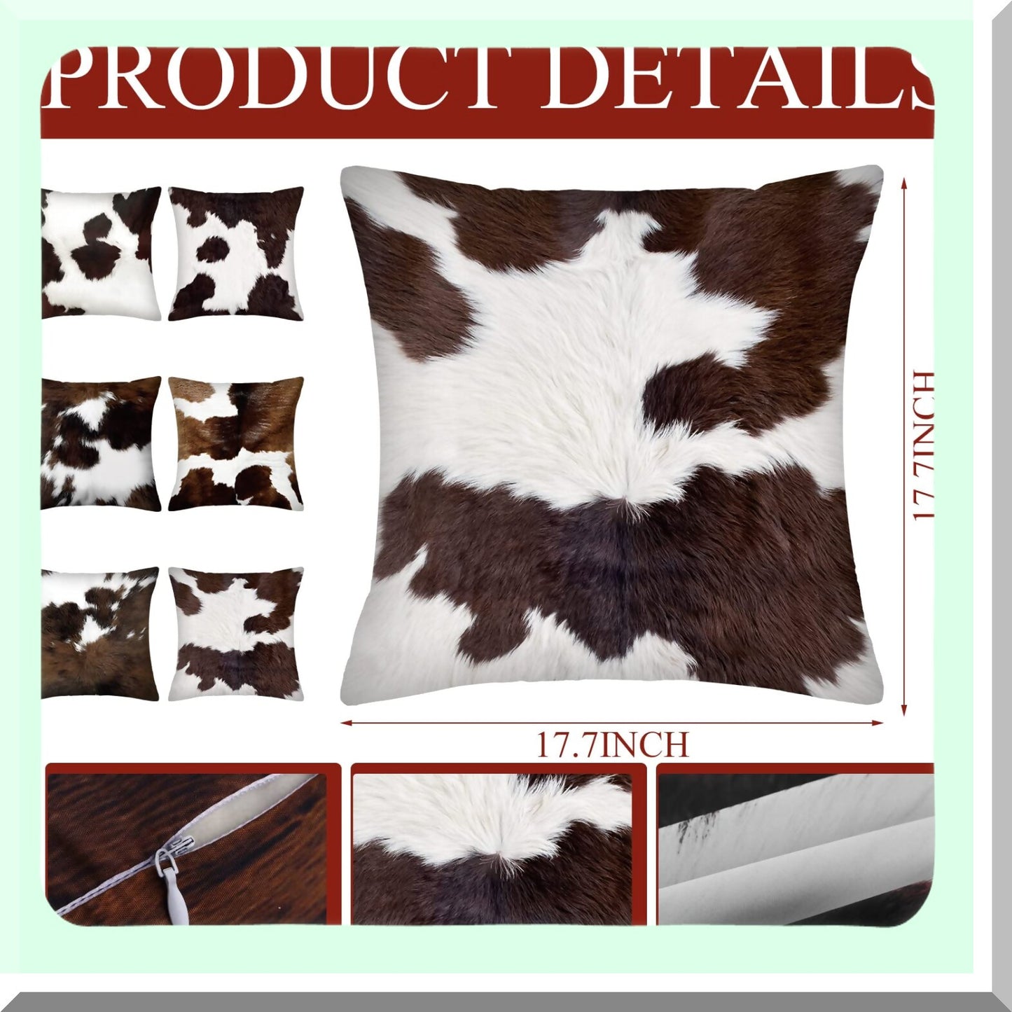 Cowhide Western Decor Pillow Covers - Set of 6 Hidden Zippered Cushion Covers for Couch Sofa Home Living Room - 18 x 18 Inch Cow Throw Pillow Covers