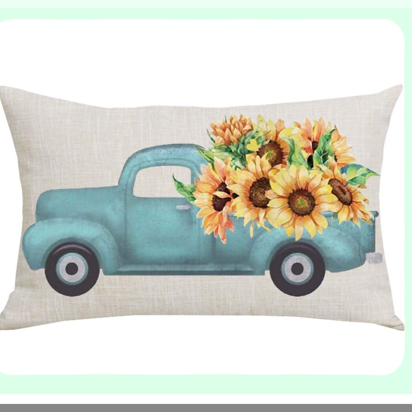 Sunflower Harvest Decorative Pillow Cover - Blue Pickup Truck Autumn Home Decor - Cotton Linen Lumbar Pillowcase for Sofa Chair Bed - 12 x 20 Inches