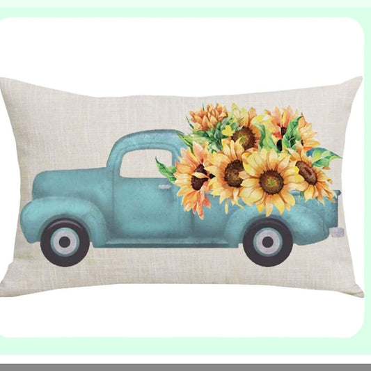Sunflower Harvest Decorative Pillow Cover - Blue Pickup Truck Autumn Home Decor - Cotton Linen Lumbar Pillowcase for Sofa Chair Bed - 12 x 20 Inches