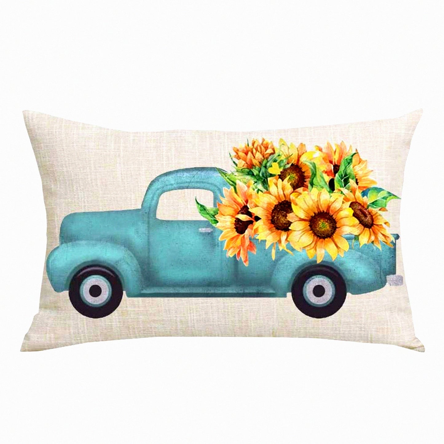 Sunflower Harvest Decorative Pillow Cover - Blue Pickup Truck Autumn Home Decor - Cotton Linen Lumbar Pillowcase for Sofa Chair Bed - 12 x 20 Inches