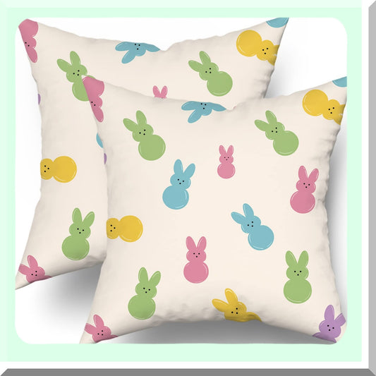 Colorful Bunny Rabbit Farmhouse Pillow Covers - Set of 2 18X18 Inch Decorative Square Throw Pillows for Sofa Couch & Living Room Decor