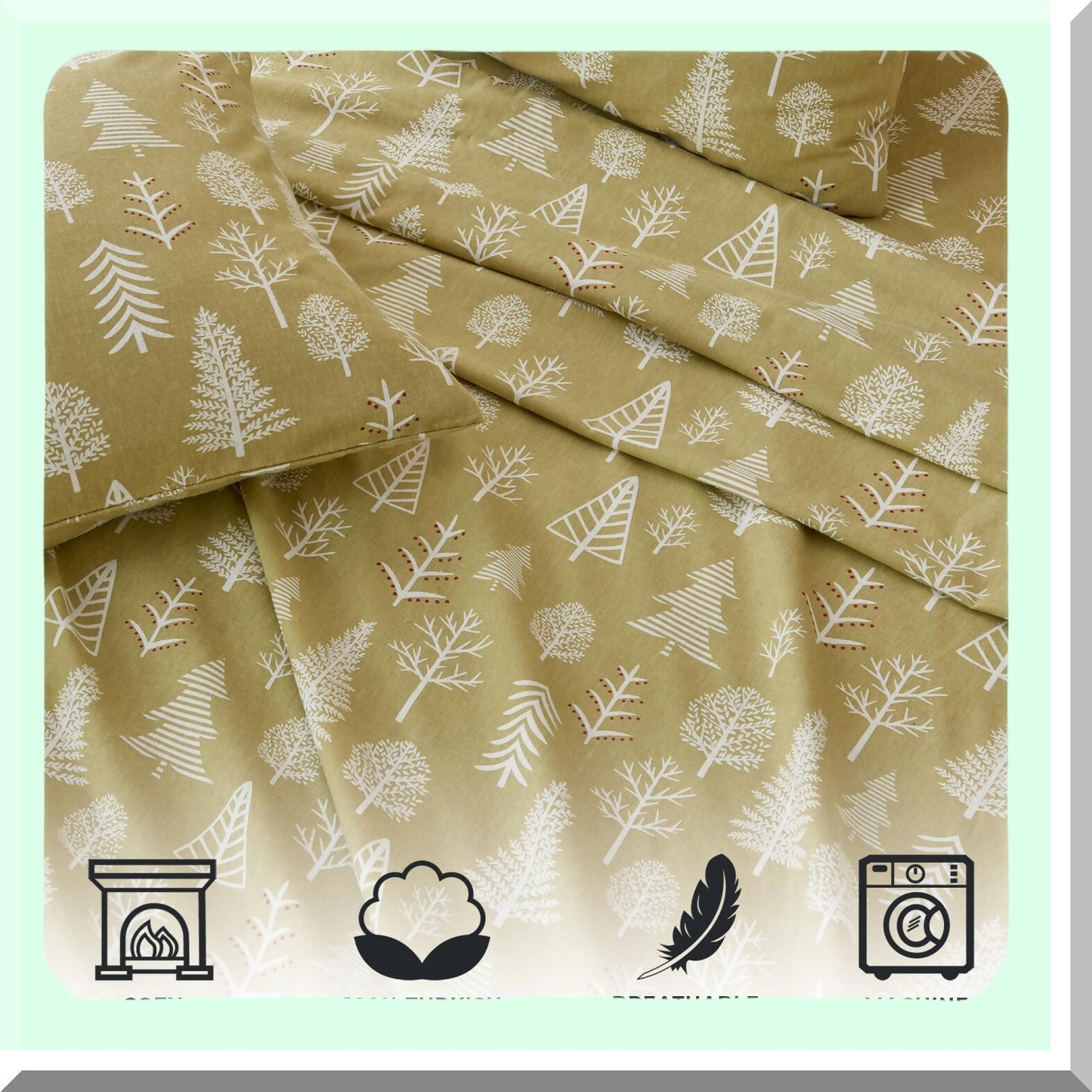 Winter Lodge Flannel Sheet Set - Double-Brushed Cotton Bedding with Winter Forest Print - 4 Piece Cotton Sheets & Pillowcases in Sage/Red