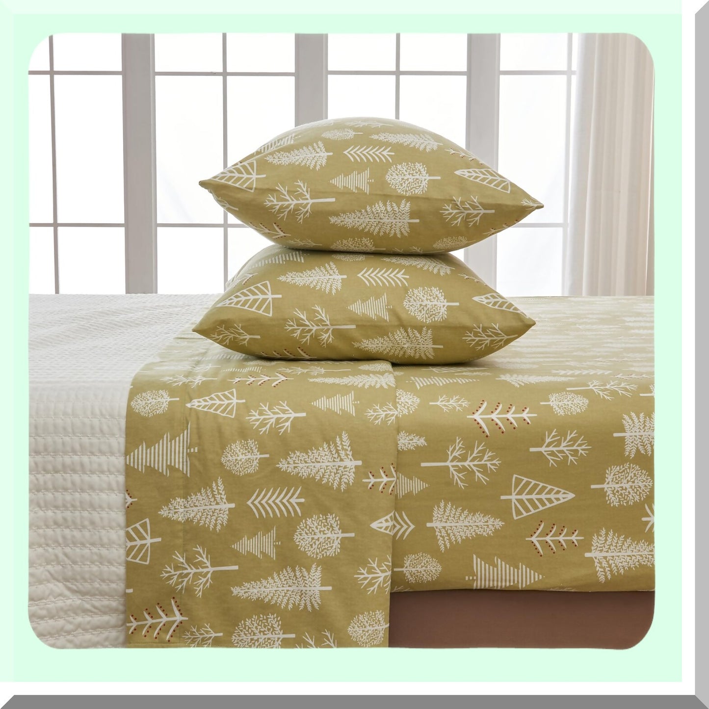 Winter Lodge Flannel Sheet Set - Double-Brushed Cotton Bedding with Winter Forest Print - 4 Piece Cotton Sheets & Pillowcases in Sage/Red